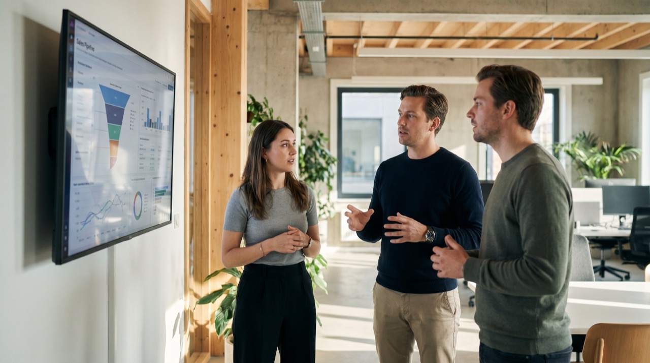A B2B marketing and sales team reviewing a pipeline dashboard on a wall screen in a bright modern office, focused discussion, natural light, shallow depth of field
