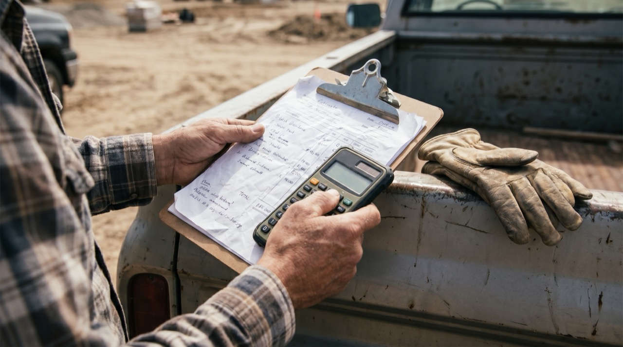 Contractor's hands at a truck tailgate with a clipboard, calculator, and a roofing estimate in warm natural light