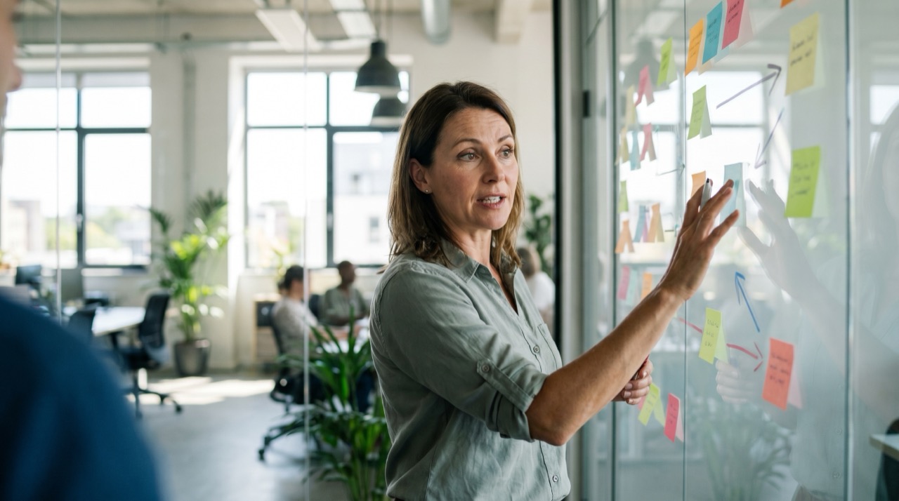 A marketing strategist at a glass whiteboard mapping a funnel and content plan with sticky notes, mid-explanation, in a modern office with natural light
