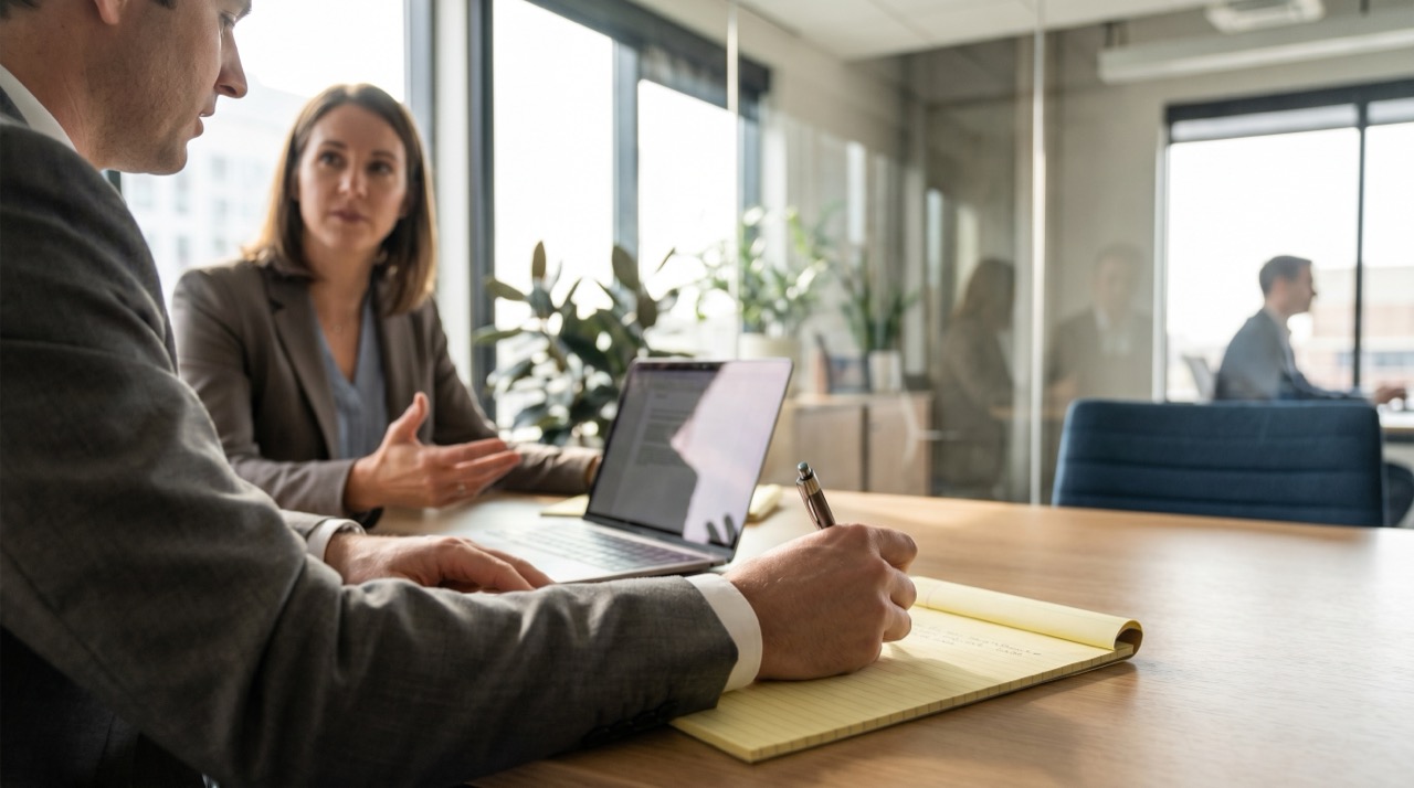 Two professionals at a table in a bright office, one taking notes on a legal pad during a vetting conversation with a laptop open between them