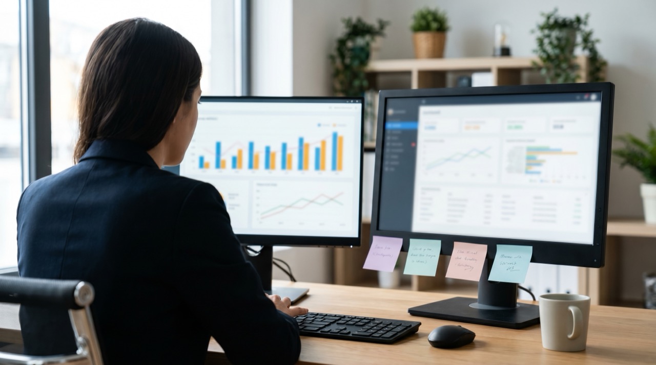 Marketer at a dual-monitor desk reviewing a frequency and audience-overlap chart, sticky notes on the monitor bezel in a naturally lit office